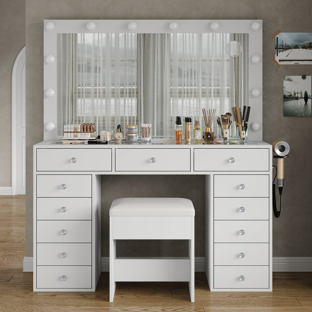 13-Drawer LED Mirror Vanity Desk - Vektaya