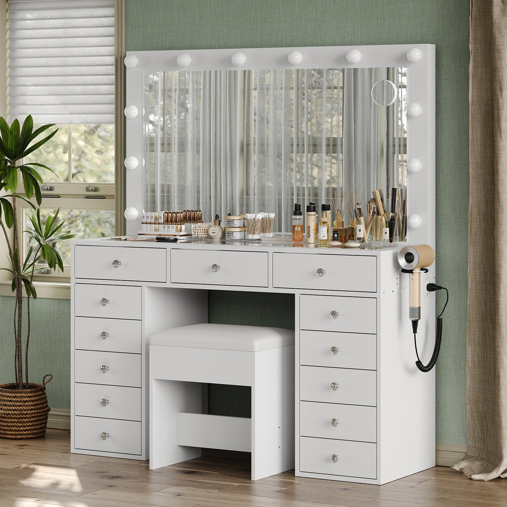 13-Drawer LED Mirror Vanity Desk - Vektaya