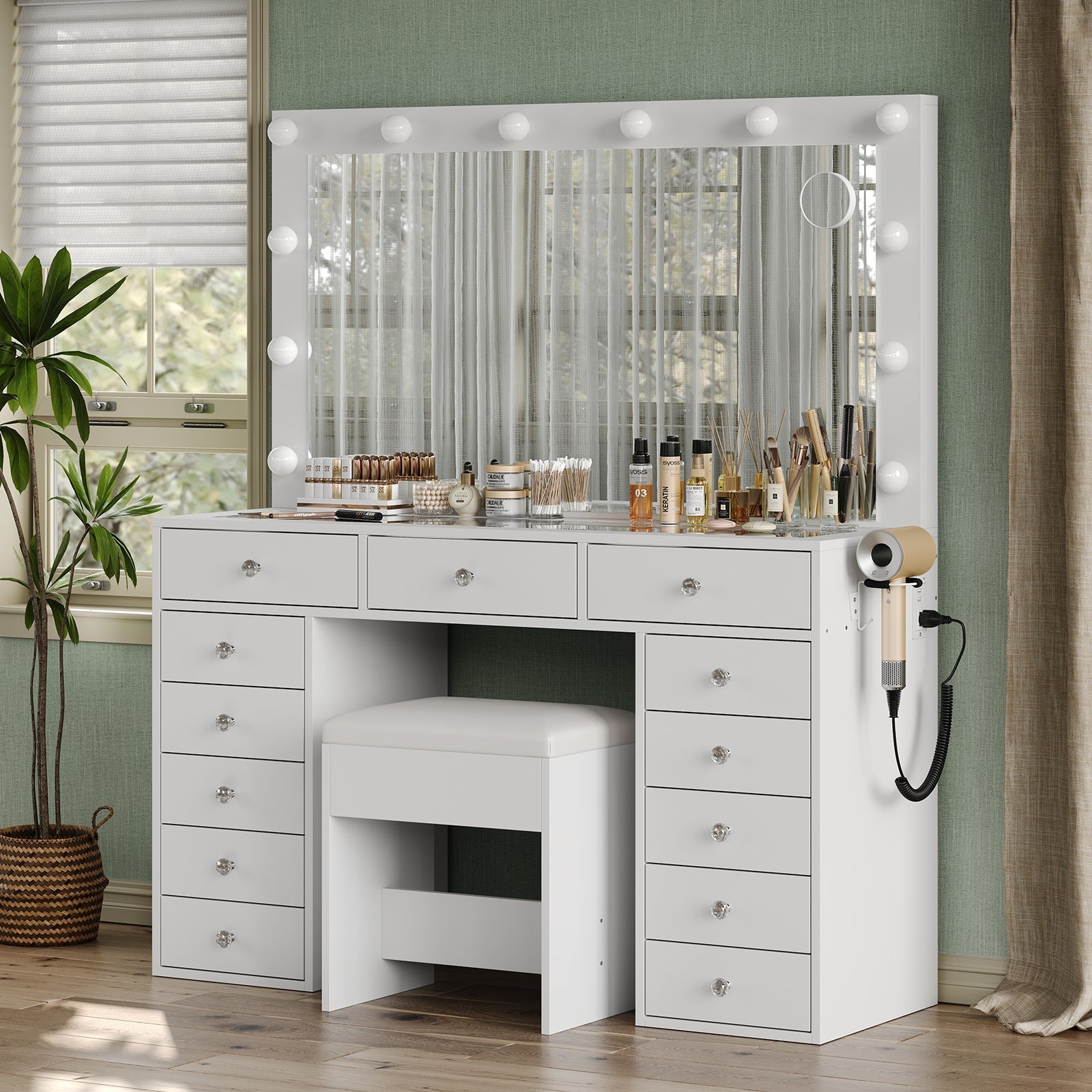 13-Drawer LED Mirror Vanity Desk - Vektaya