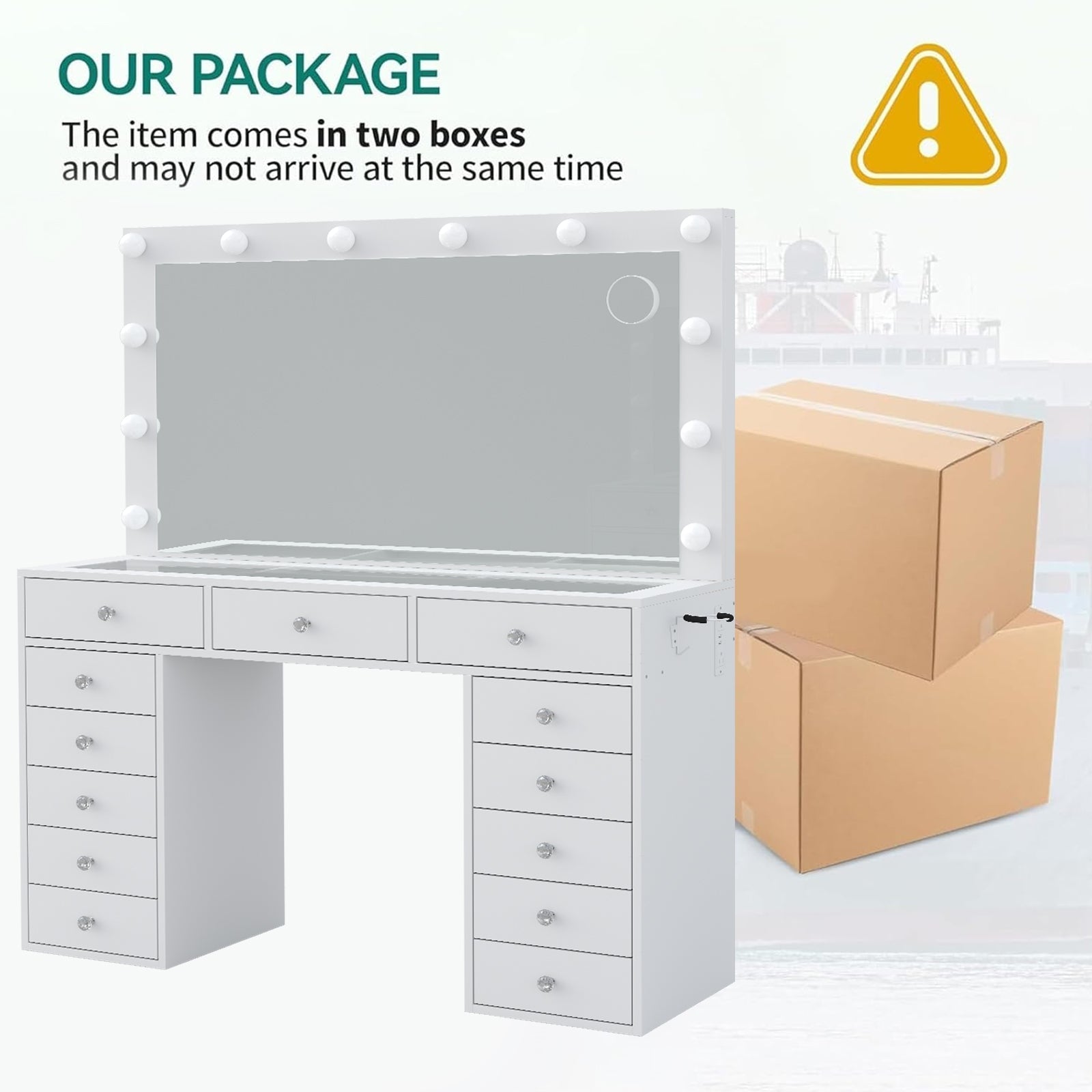 13-Drawer LED Mirror Vanity Desk - Vektaya