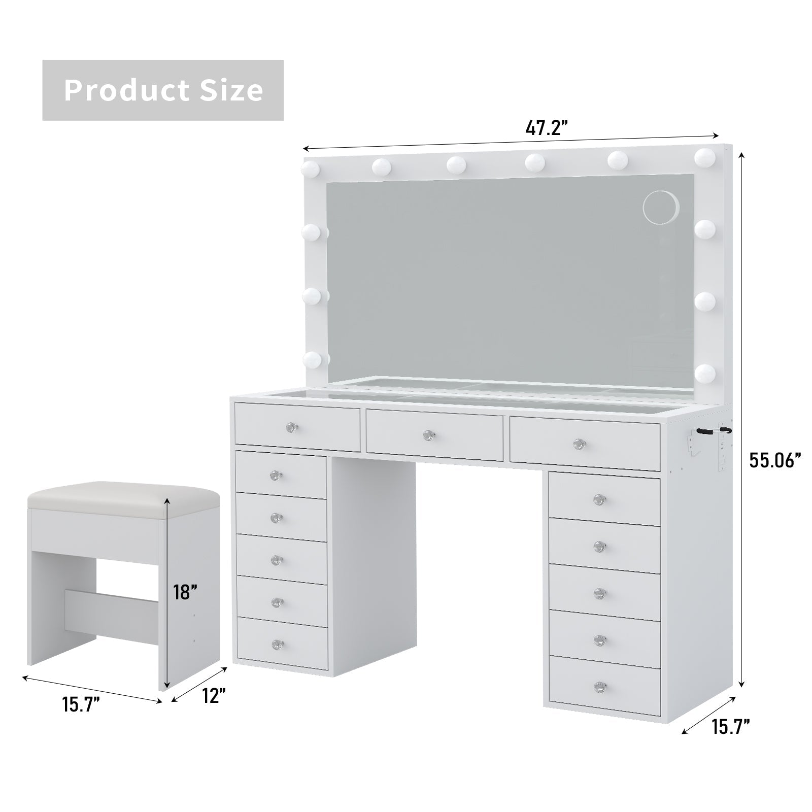 13-Drawer LED Mirror Vanity Desk - Vektaya