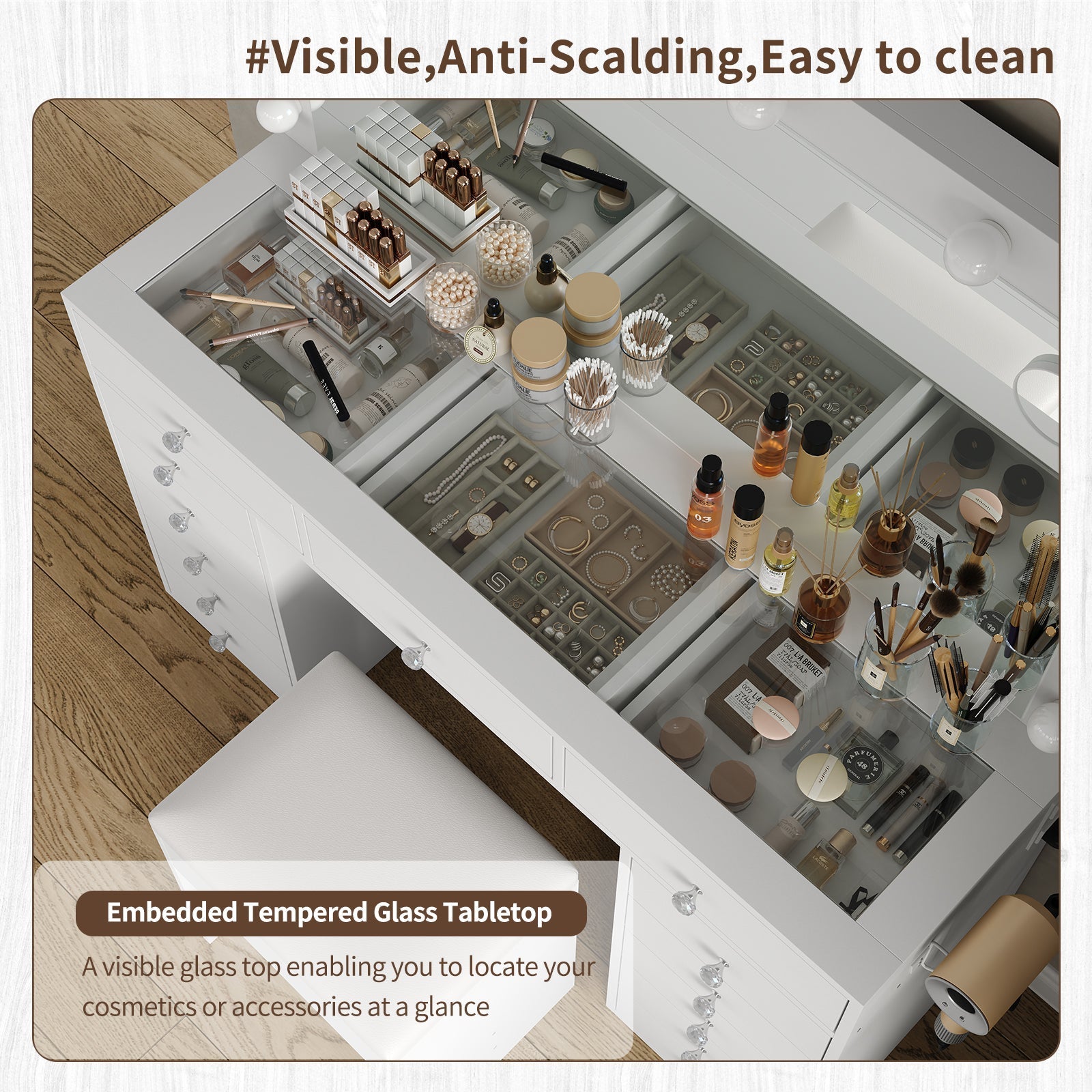 13-Drawer LED Mirror Vanity Desk - Vektaya