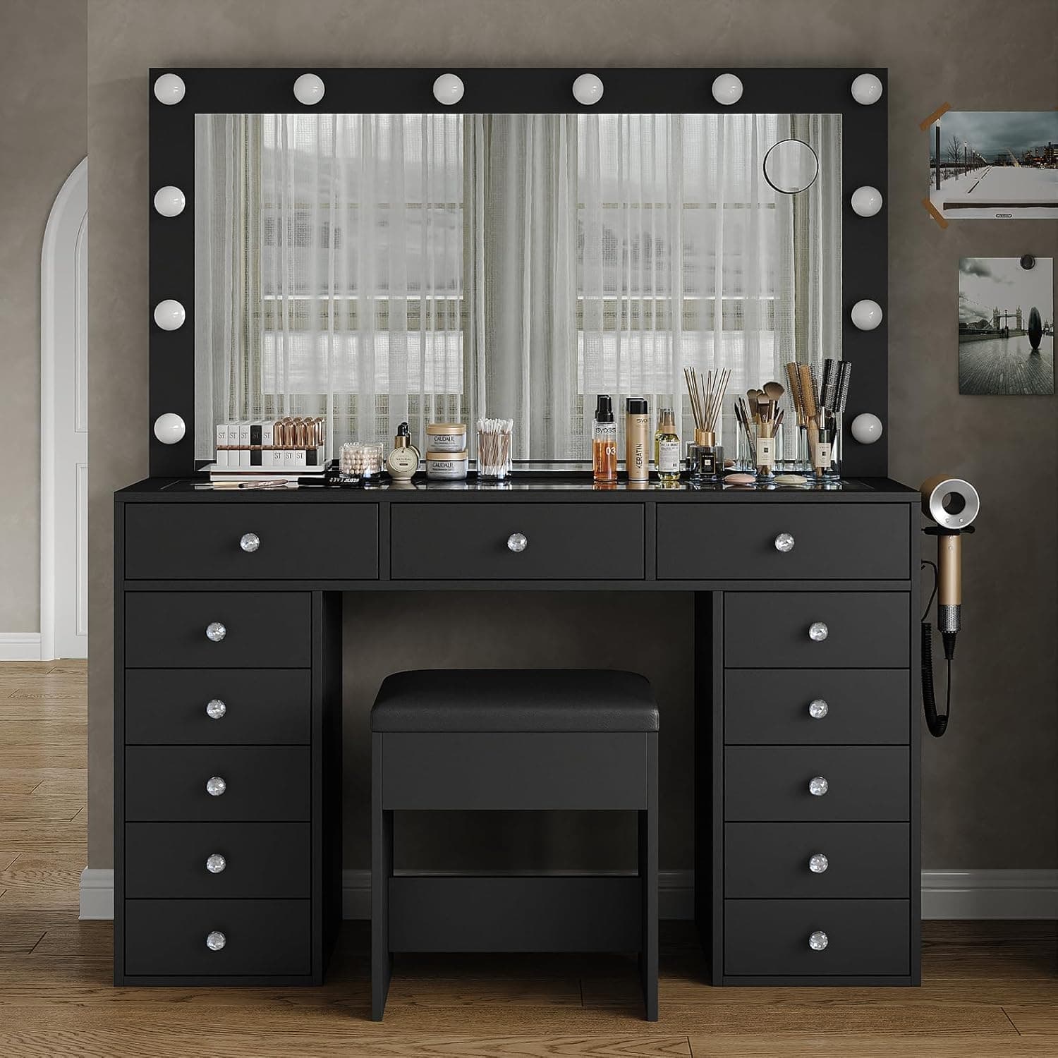 13-Drawer LED Mirror Vanity Desk - Vektaya