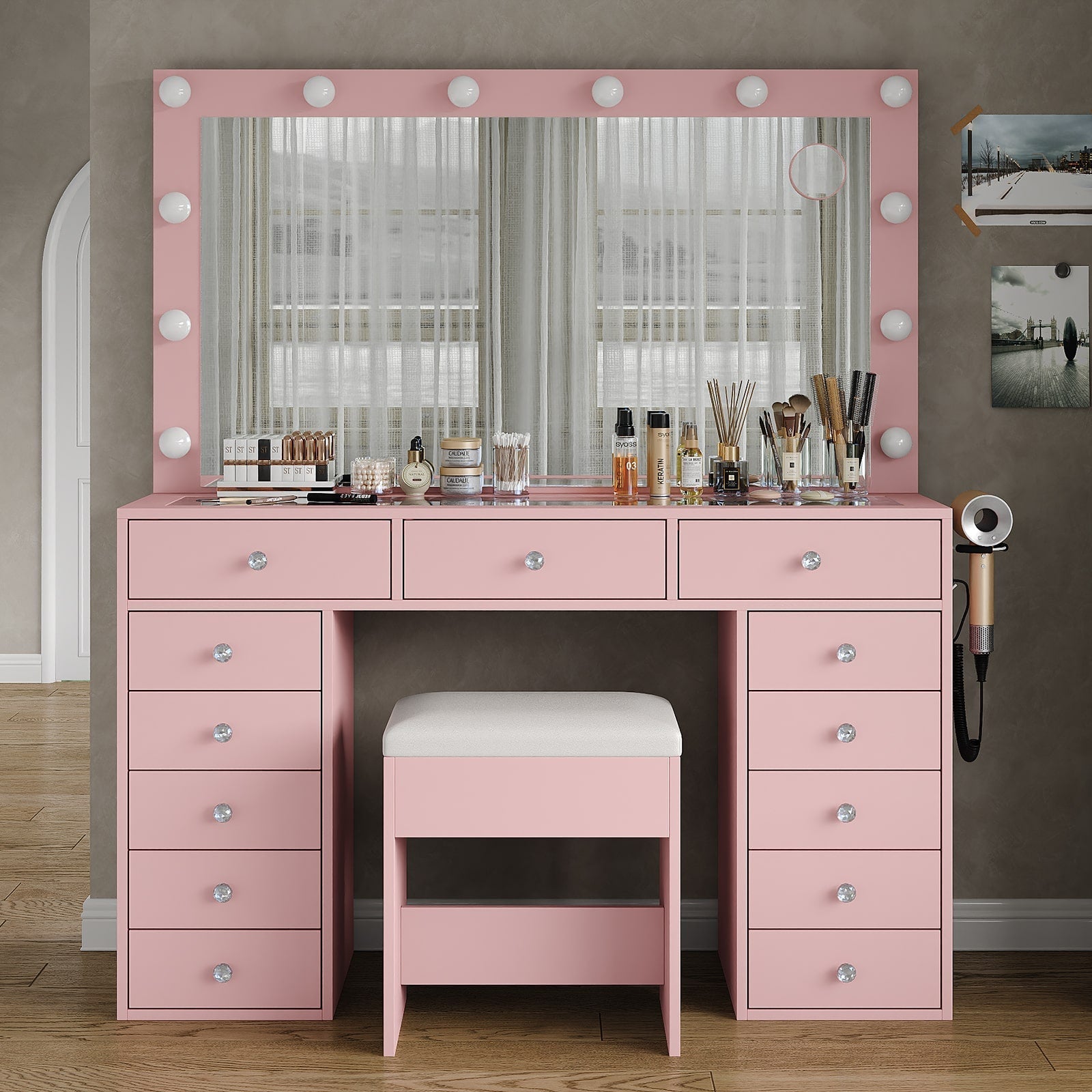 13-Drawer LED Mirror Vanity Desk - Vektaya