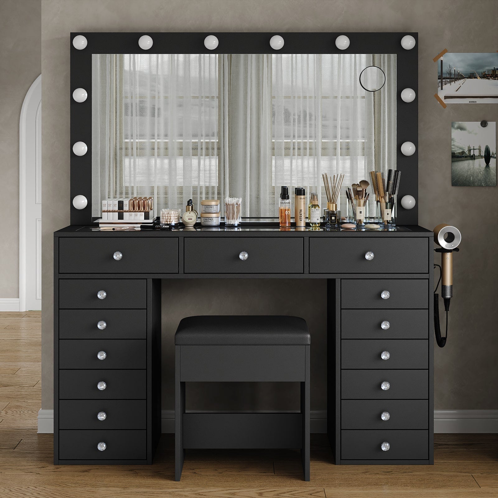 15-Drawer LED Mirror Vanity Desk - Vektaya