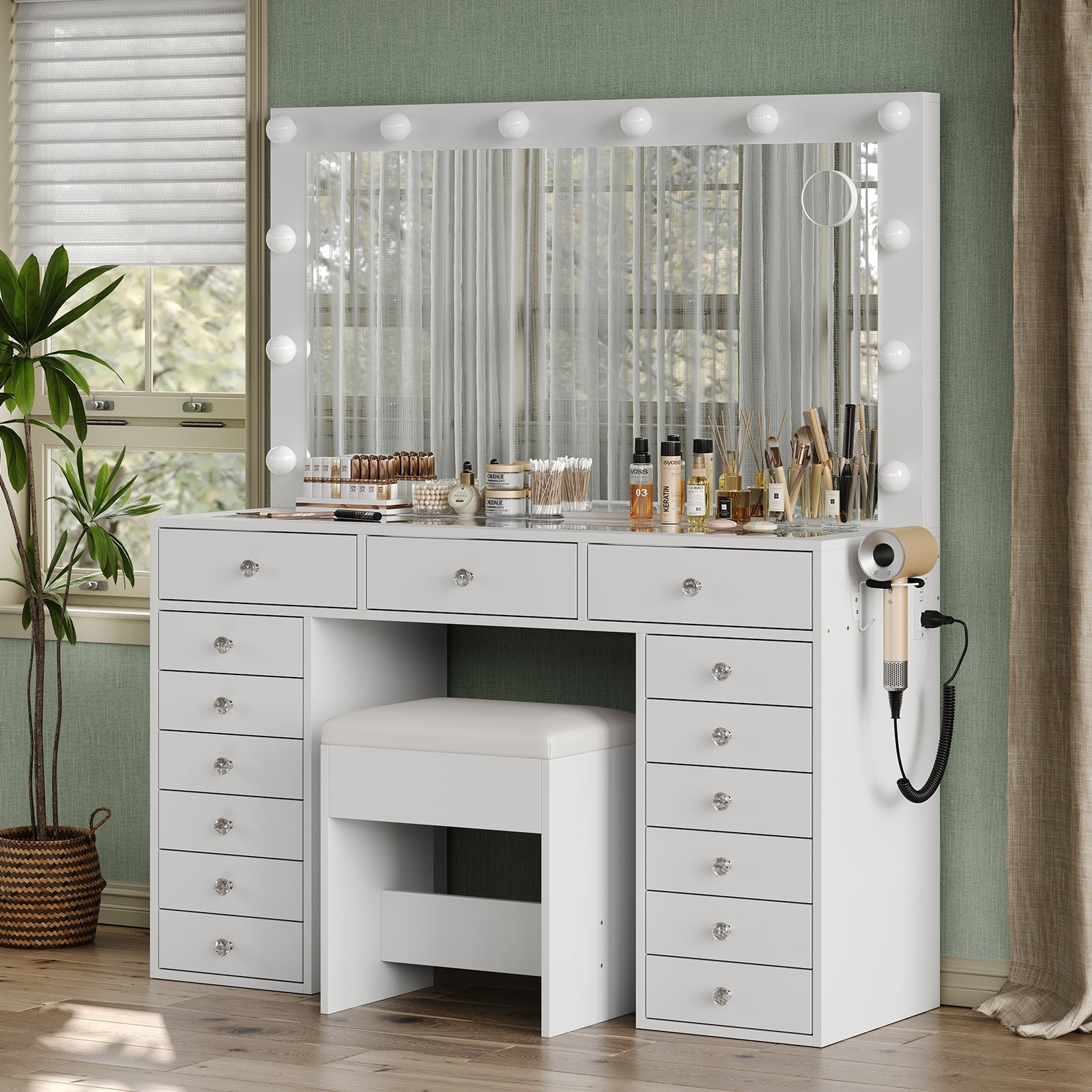 15-Drawer LED Mirror Vanity Desk - Vektaya