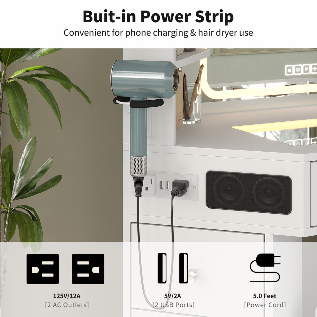 Yanosaku VD021 Corner Makeup Vanity, Mirror, Lights, Bluetooth, White