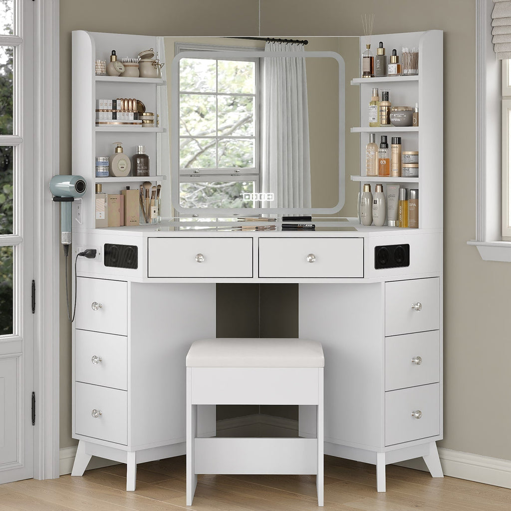 Yanosaku VD021 Corner Makeup Vanity, Mirror, Lights, Bluetooth, White