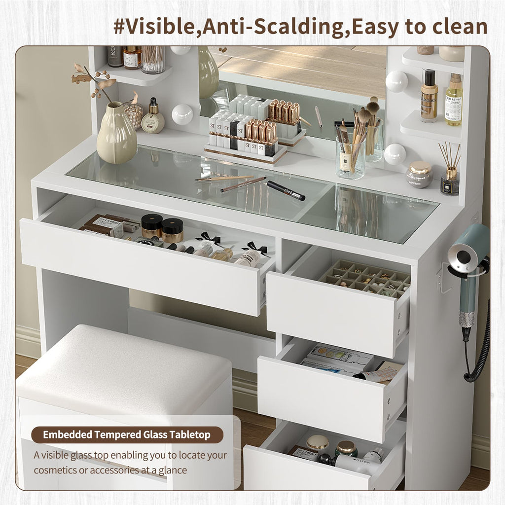 YanosakuVD025 Vanity Table with Mirror, 3 Lighting Modes, 5 Drawers & Glass Top
