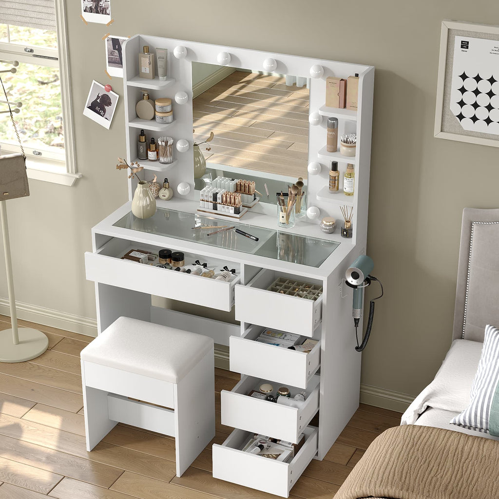 YanosakuVD025 Vanity Table with Mirror, 3 Lighting Modes, 5 Drawers & Glass Top