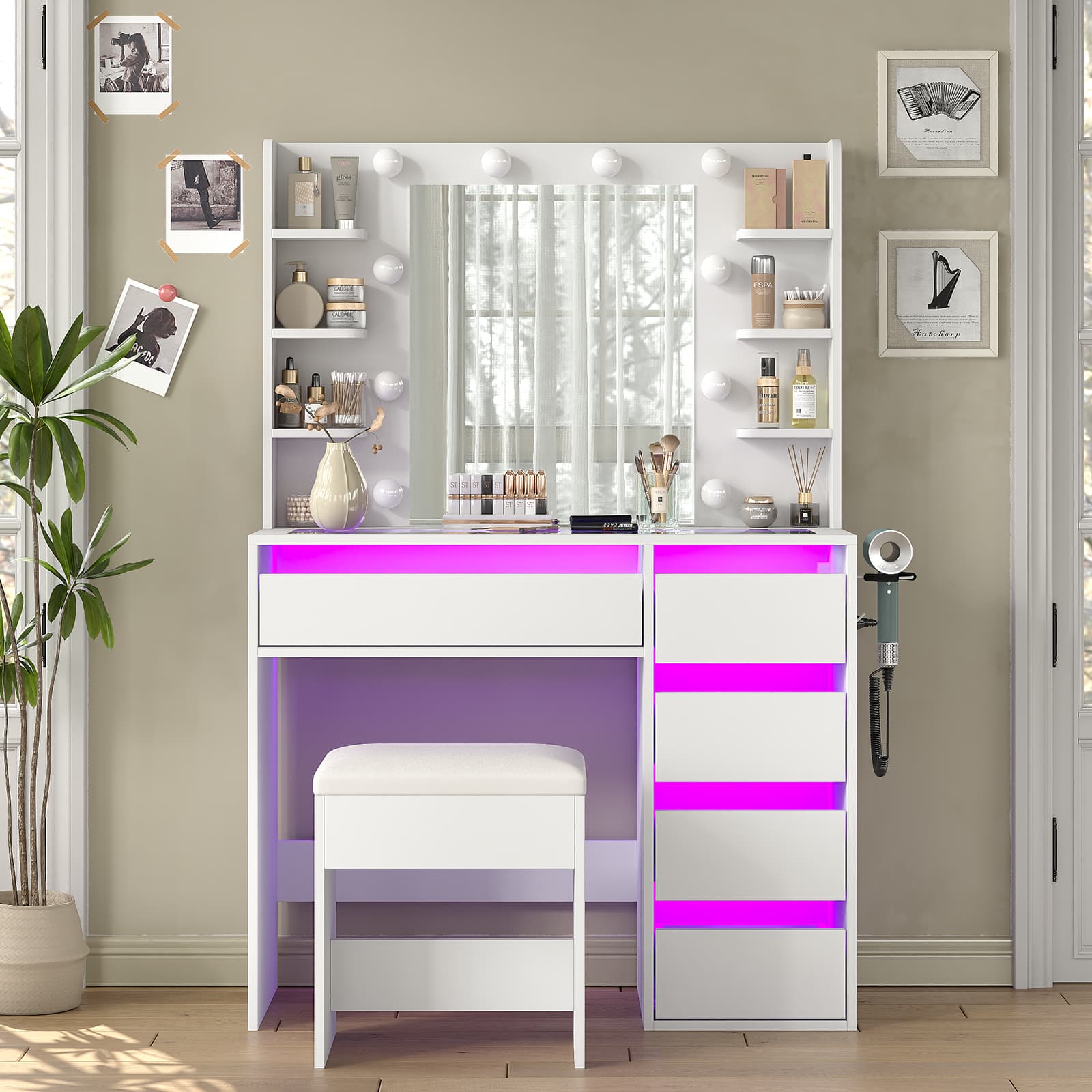 YanosakuVD025 Vanity Table with Mirror, 3 Lighting Modes, 5 Drawers & Glass Top